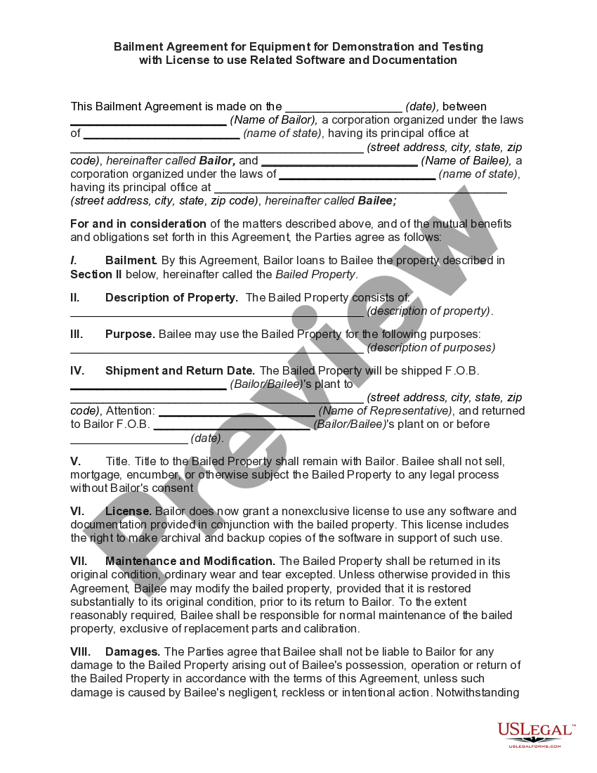 Bailment Agreement for Equipment for Demonstration and Testing with