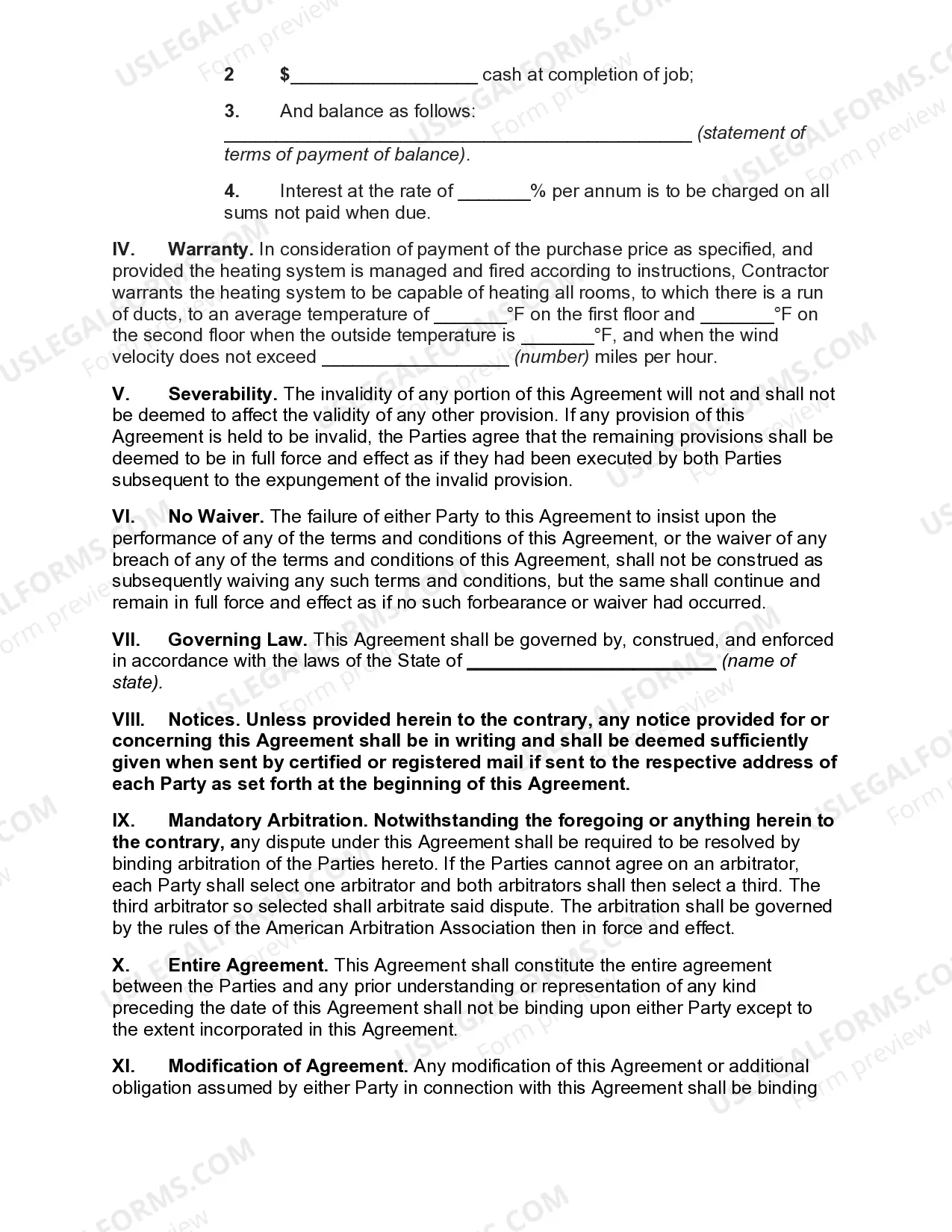 Preview Agreement for Installation of Hot Air Heating System