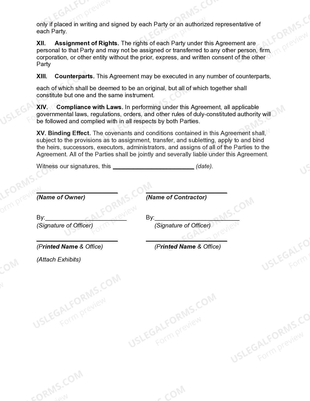 Preview Agreement for Installation of Hot Air Heating System