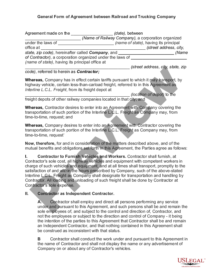 General Form of Agreement between Railroad and Trucking Company | US ...