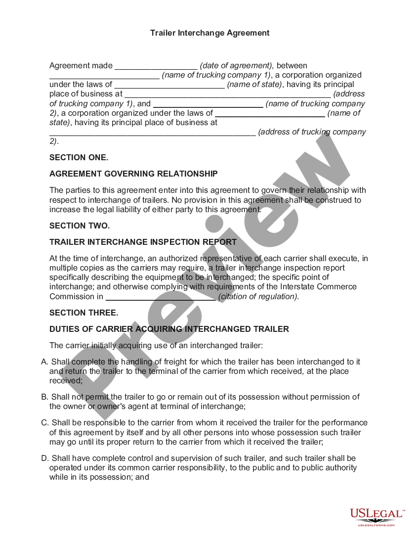 Trailer Interchange Agreement US Legal Forms