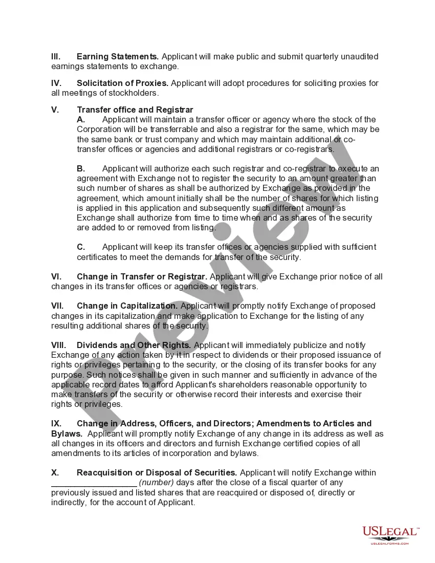 Preview Agreement to List Securities on Exchange - Application and Agreement of Corporation whose Security is to be Listed