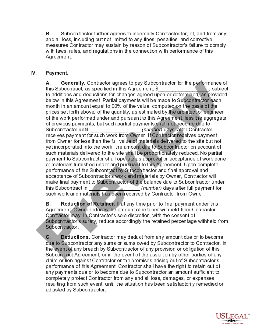 Get Subcontract for Construction of Portion of Materials to go into Building with Extensive Indemnification Provisions Preview Subcontract for Construction of Portion of Materials to go into Building with Extensive Indemnification Provisions