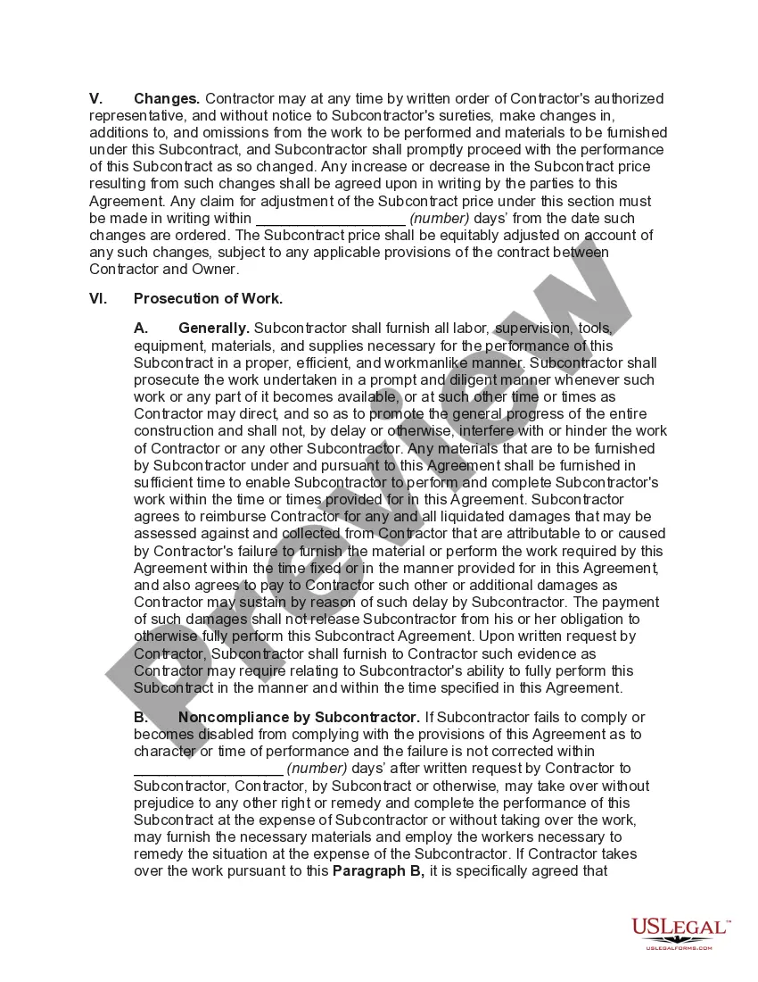 Get Subcontract for Construction of Portion of Materials to go into Building with Extensive Indemnification Provisions Preview Subcontract for Construction of Portion of Materials to go into Building with Extensive Indemnification Provisions