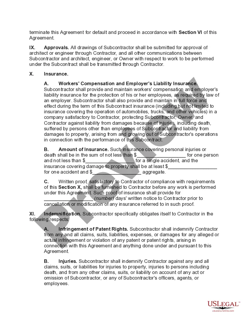 Get Subcontract for Construction of Portion of Materials to go into Building with Extensive Indemnification Provisions Preview Subcontract for Construction of Portion of Materials to go into Building with Extensive Indemnification Provisions