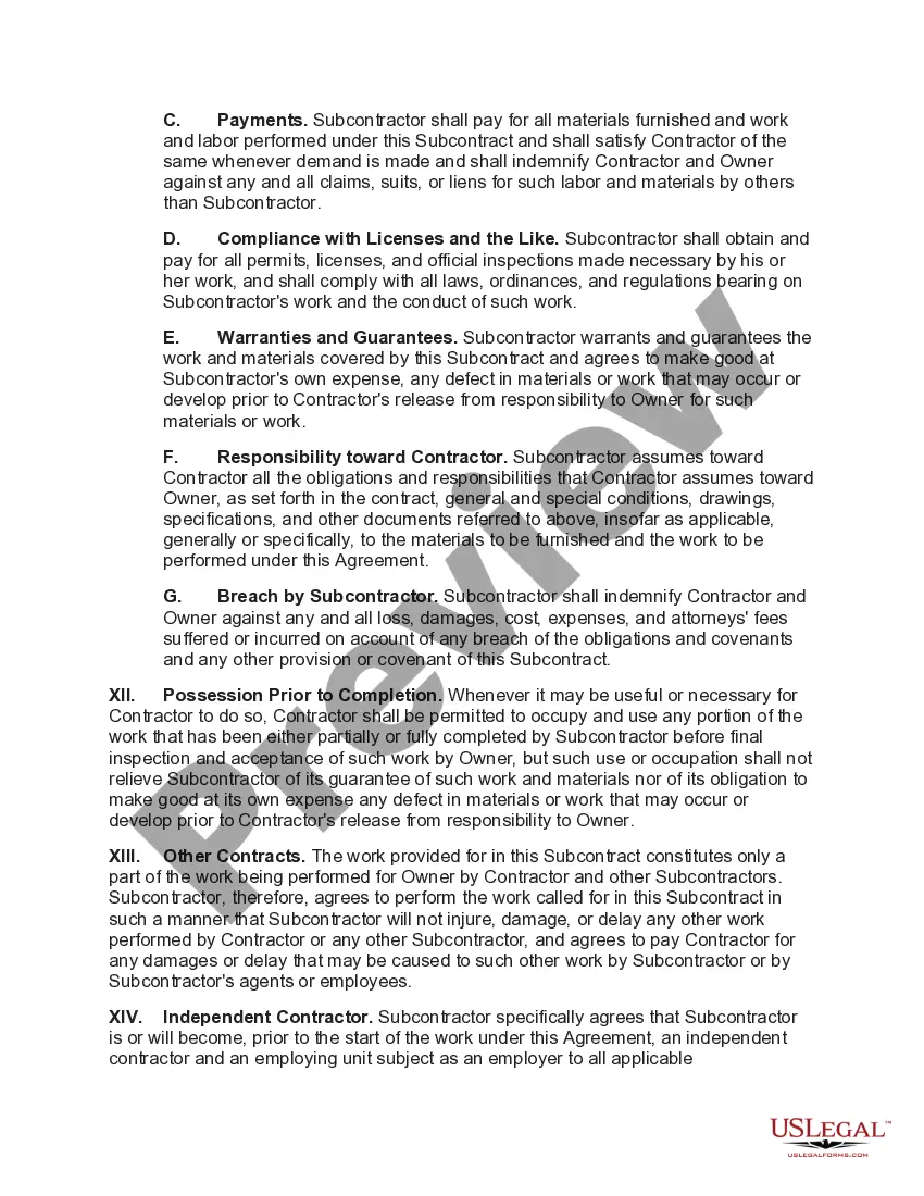 Get Subcontract for Construction of Portion of Materials to go into Building with Extensive Indemnification Provisions Preview Subcontract for Construction of Portion of Materials to go into Building with Extensive Indemnification Provisions