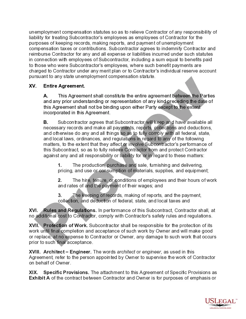 Get Subcontract for Construction of Portion of Materials to go into Building with Extensive Indemnification Provisions Preview Subcontract for Construction of Portion of Materials to go into Building with Extensive Indemnification Provisions