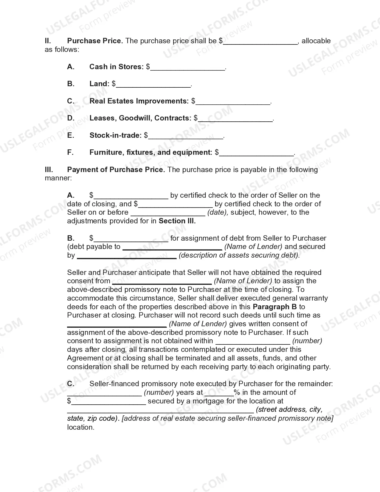 Preview Agreement for Sale of all Assets of a Restaurant Chain