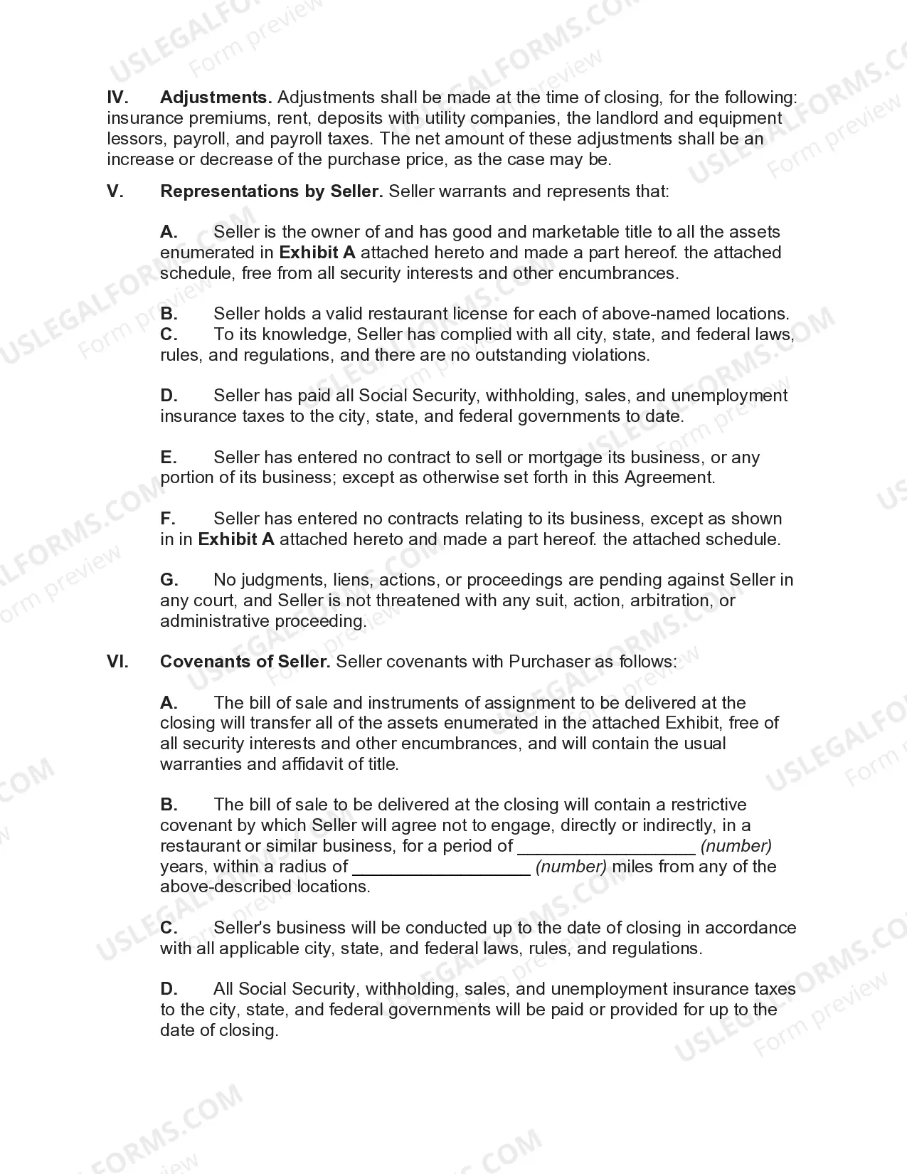 Preview Agreement for Sale of all Assets of a Restaurant Chain