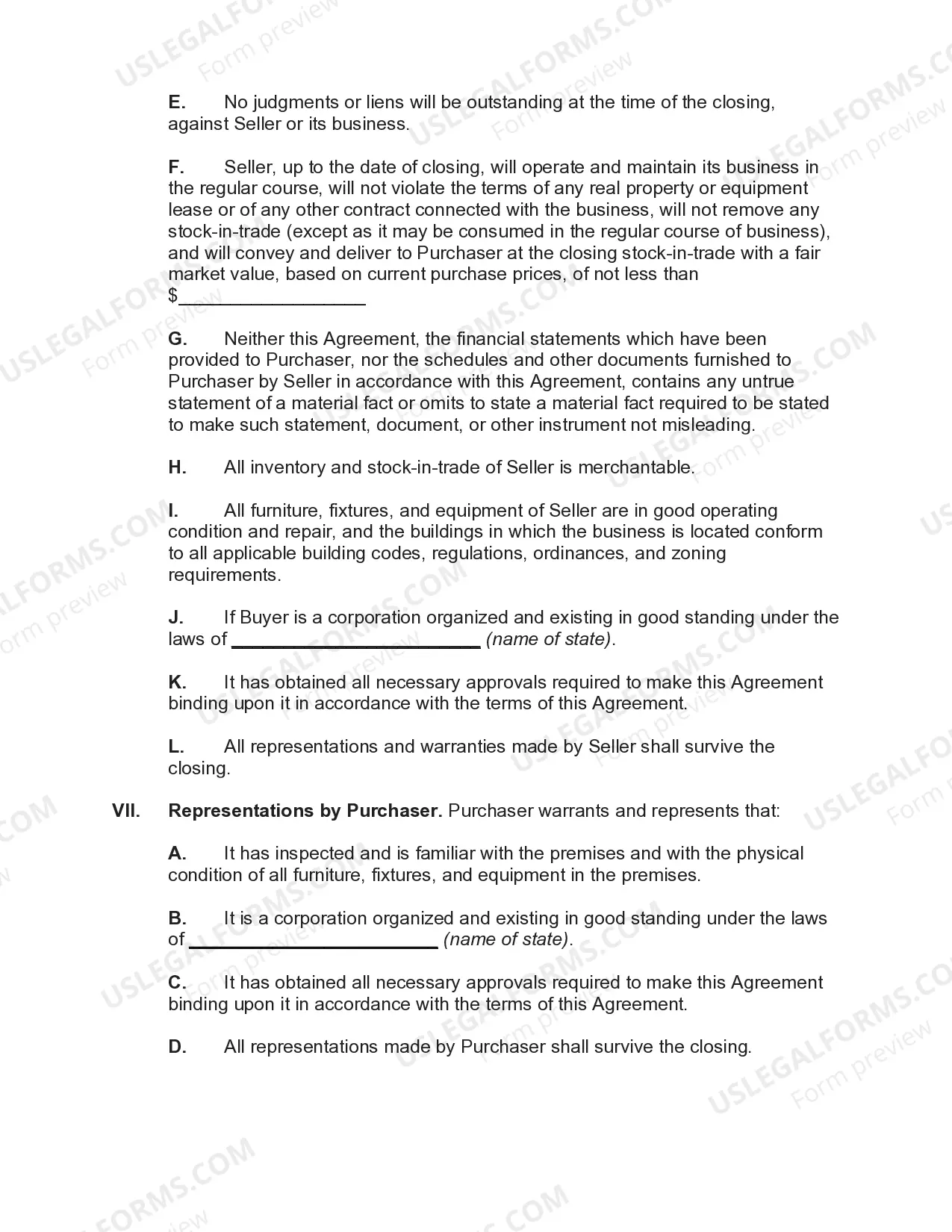 Preview Agreement for Sale of all Assets of a Restaurant Chain
