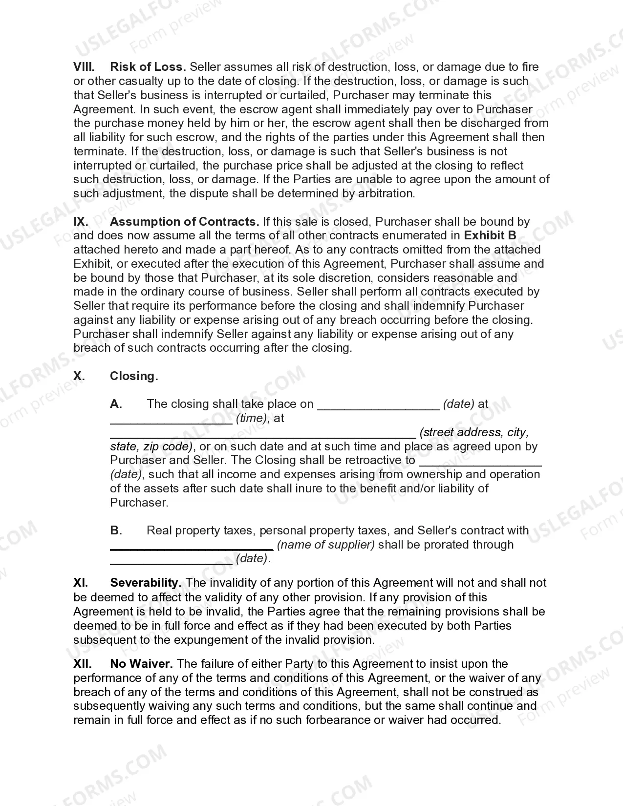Preview Agreement for Sale of all Assets of a Restaurant Chain