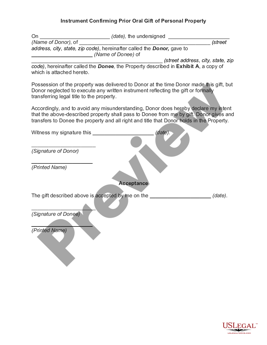 Instrument Confirming Prior Oral Gift of Personal Property | US Legal Forms