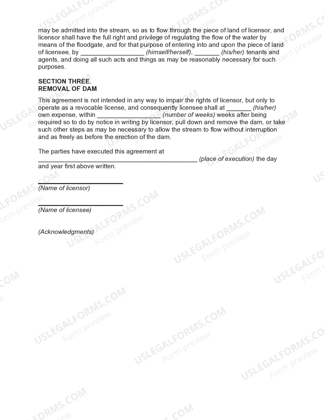 Preview License Agreement Between Riparian Owners to allow Construction of Dam and Floodgate
