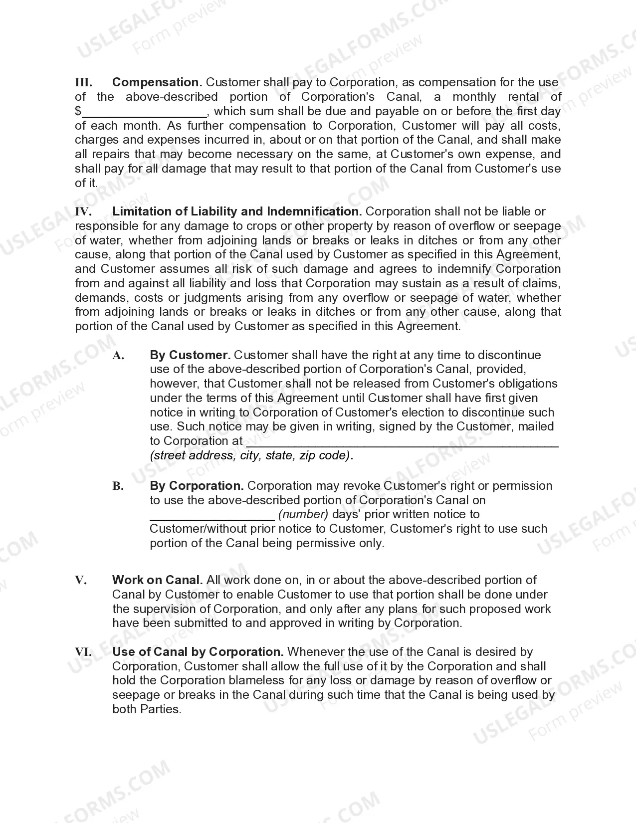 Preview Agreement of Use of Portion of Canal to Transport Water