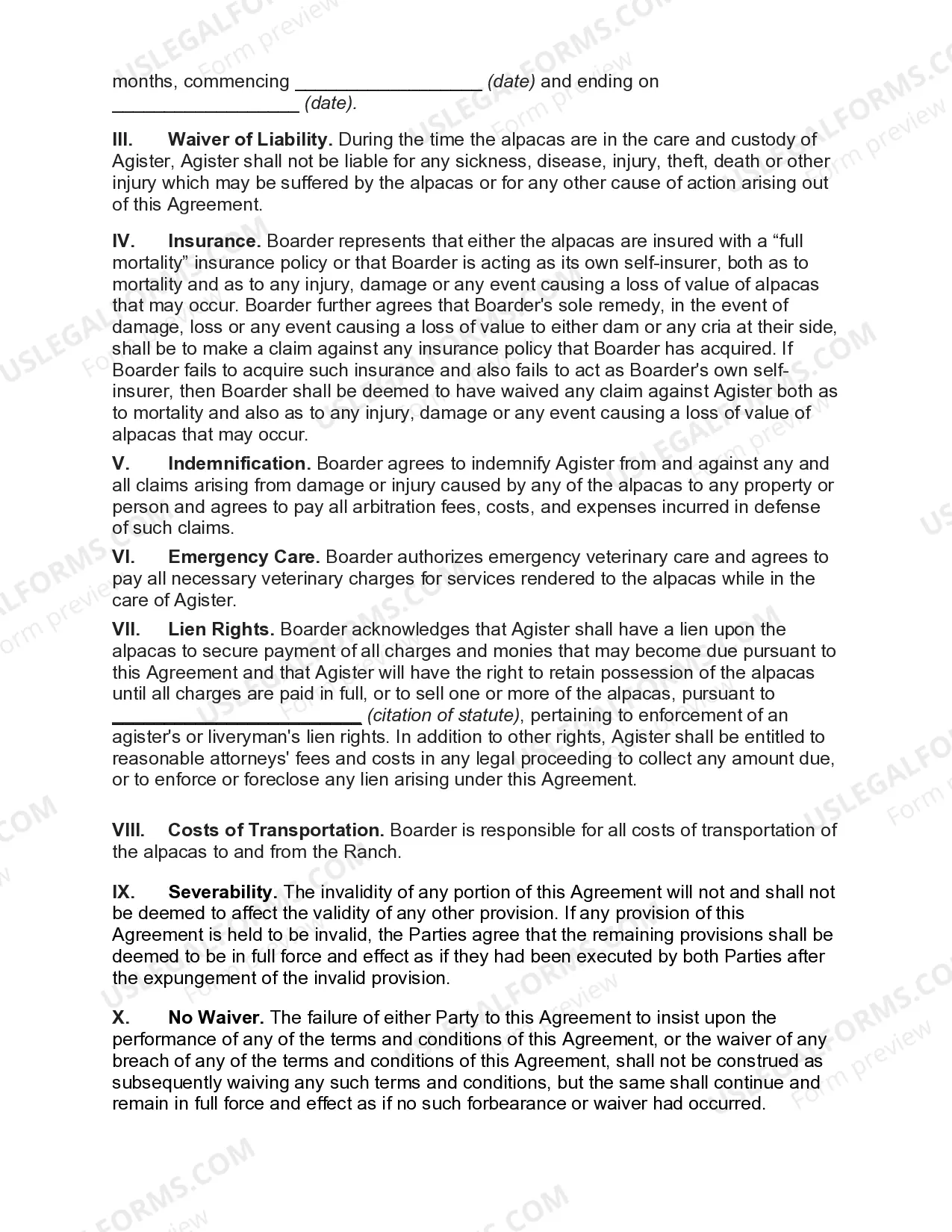 Preview Agistment and Boarding Agreement for Alpacas