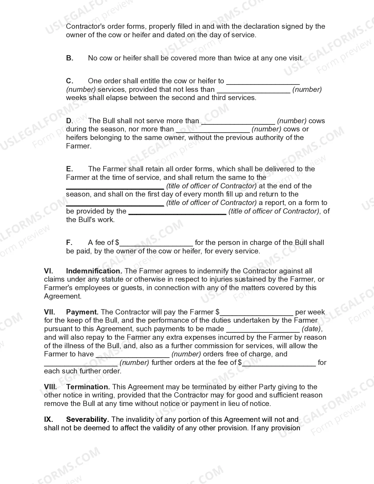 Preview Agreement to Keep Bull for Breeding Services