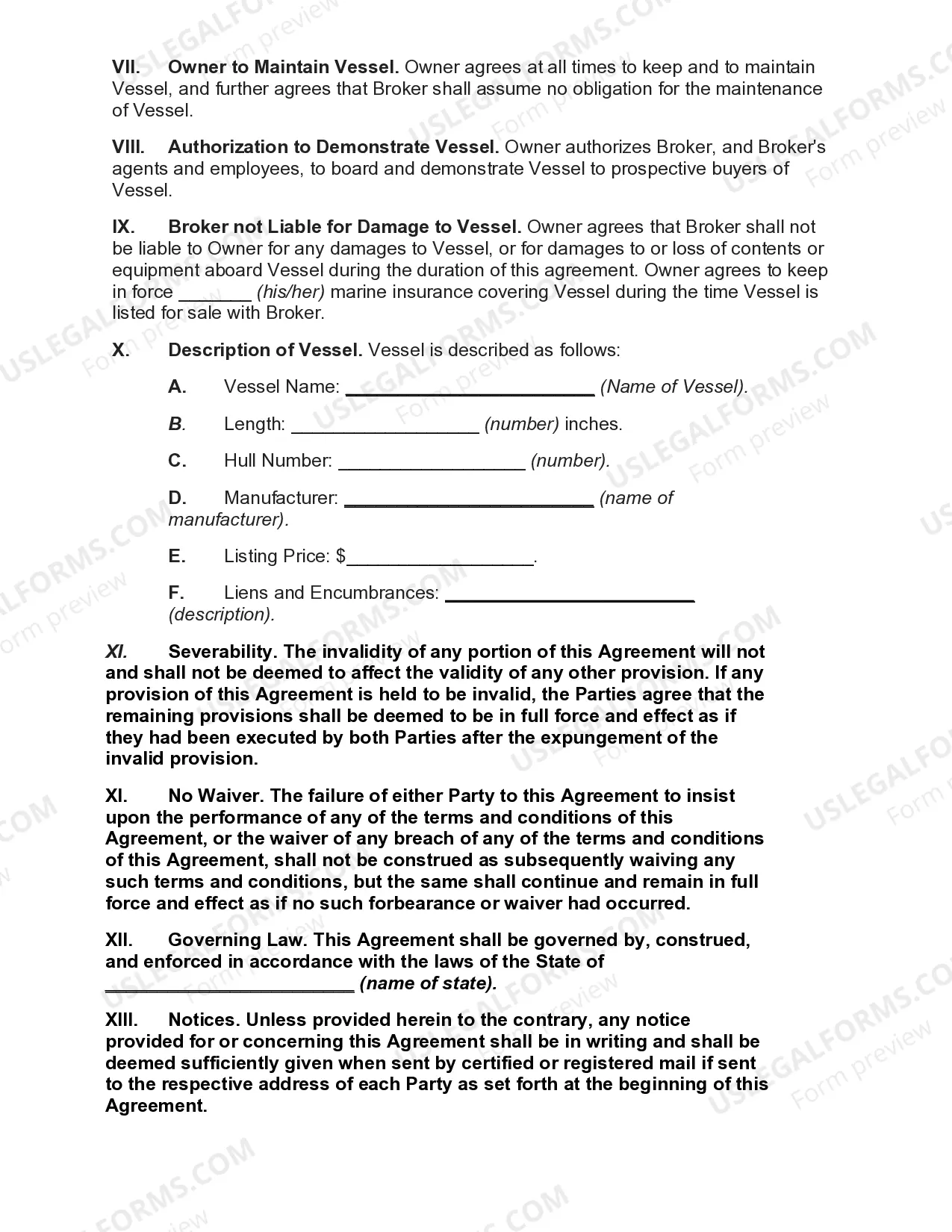 Preview Listing Agreement between Owner and Broker for Sale of Vessel