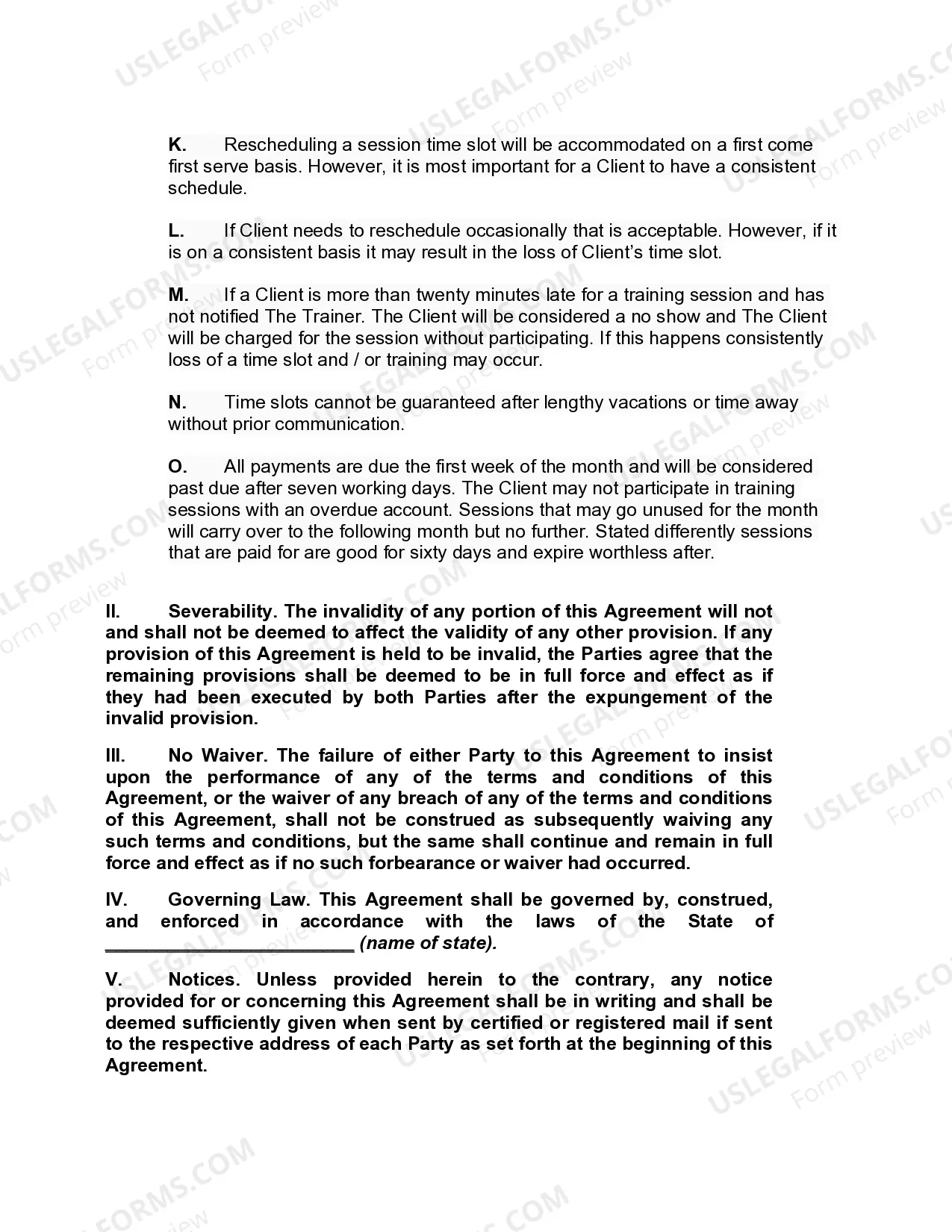 Preview Agreement with Personal Trainer