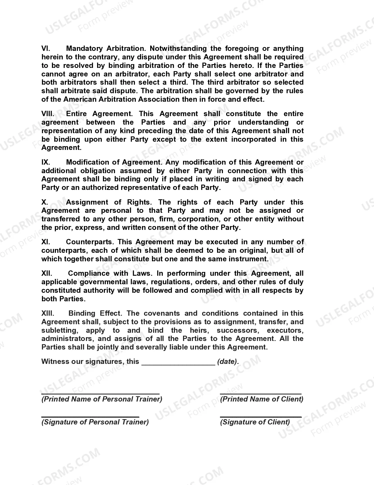 Preview Agreement with Personal Trainer