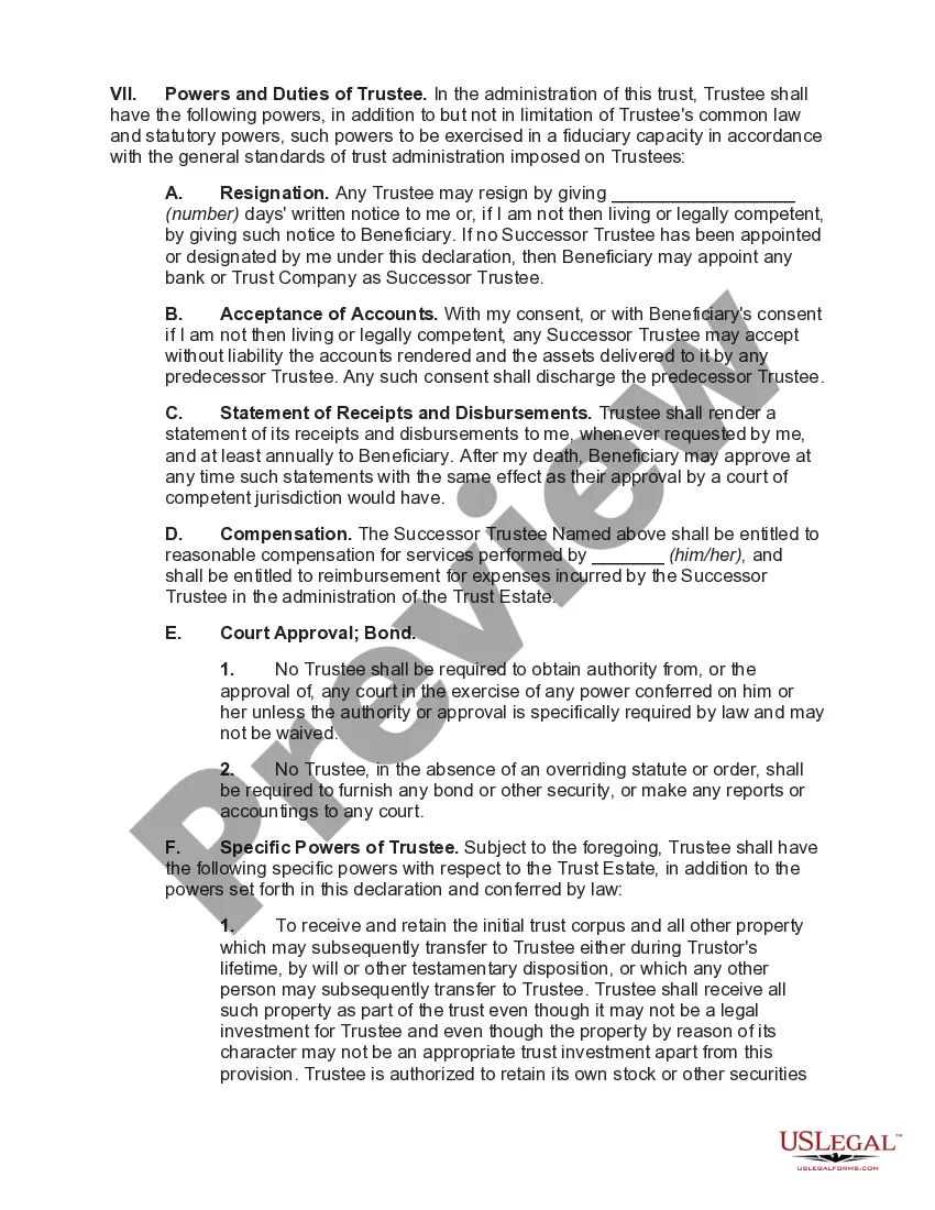 Preview Declaration of Trust with Trustor as Life Beneficiary