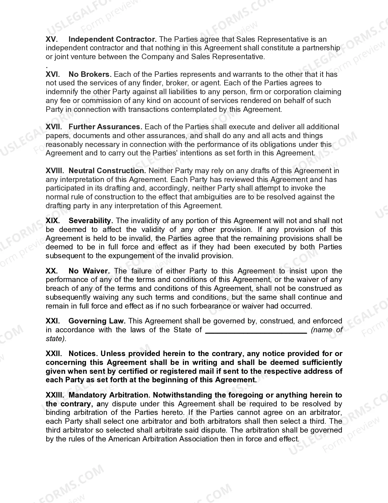 Preview Sales Agency Agreement with Non-Execlusive Agent