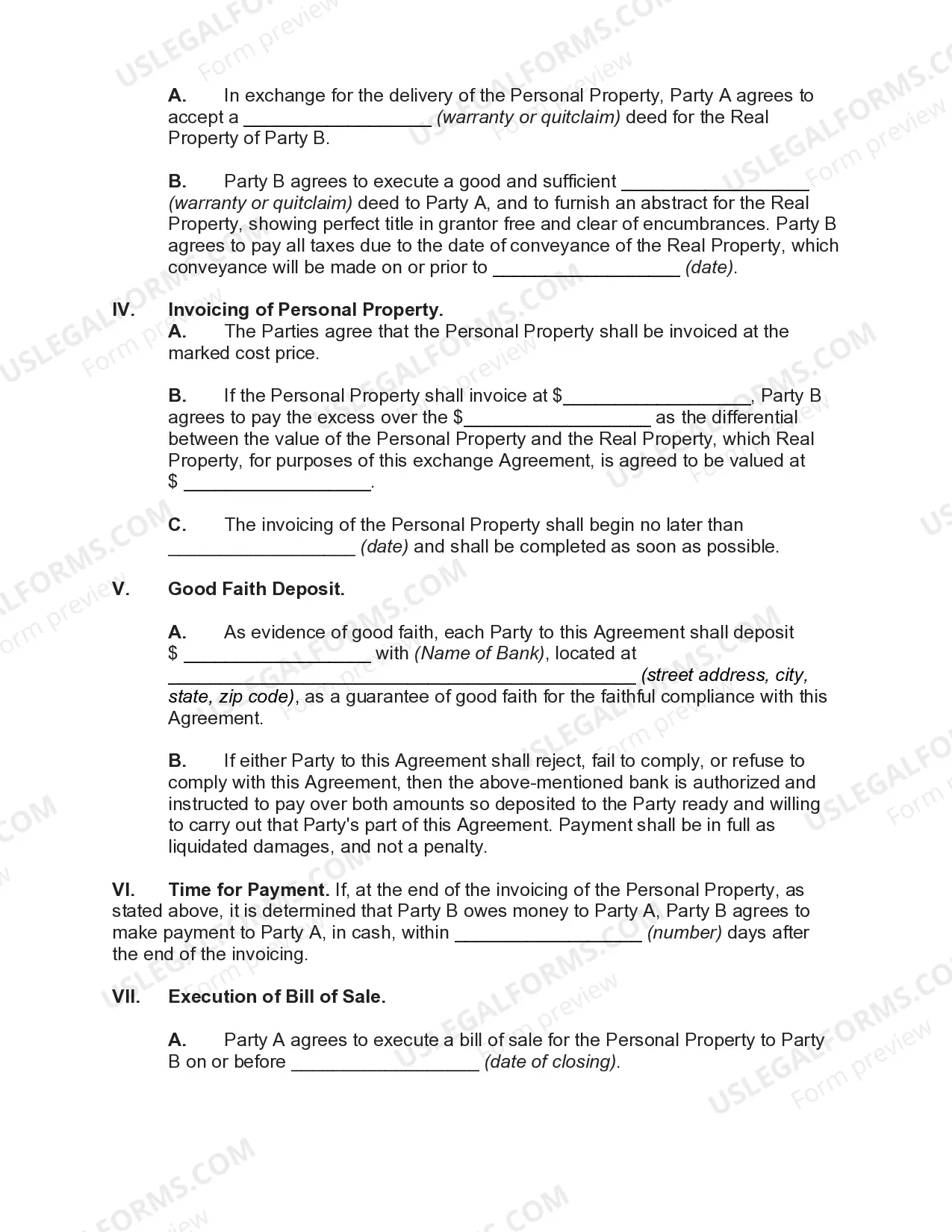 Preview Agreement for Exchange of Realty for Personal Property