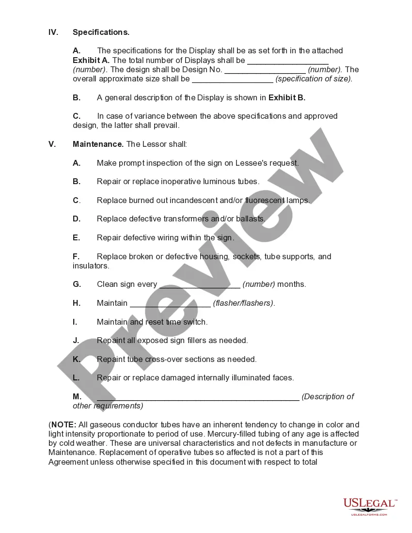Preview Lease and Maintenance Agreement of a Display Sign with Provisions for Removal or Relocation of Display