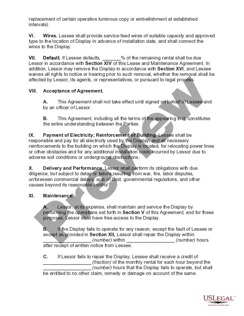 Preview Lease and Maintenance Agreement of a Display Sign with Provisions for Removal or Relocation of Display