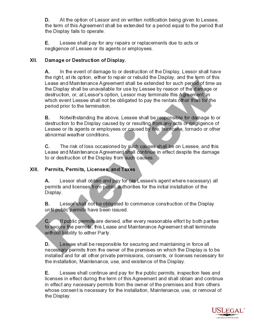 Preview Lease and Maintenance Agreement of a Display Sign with Provisions for Removal or Relocation of Display