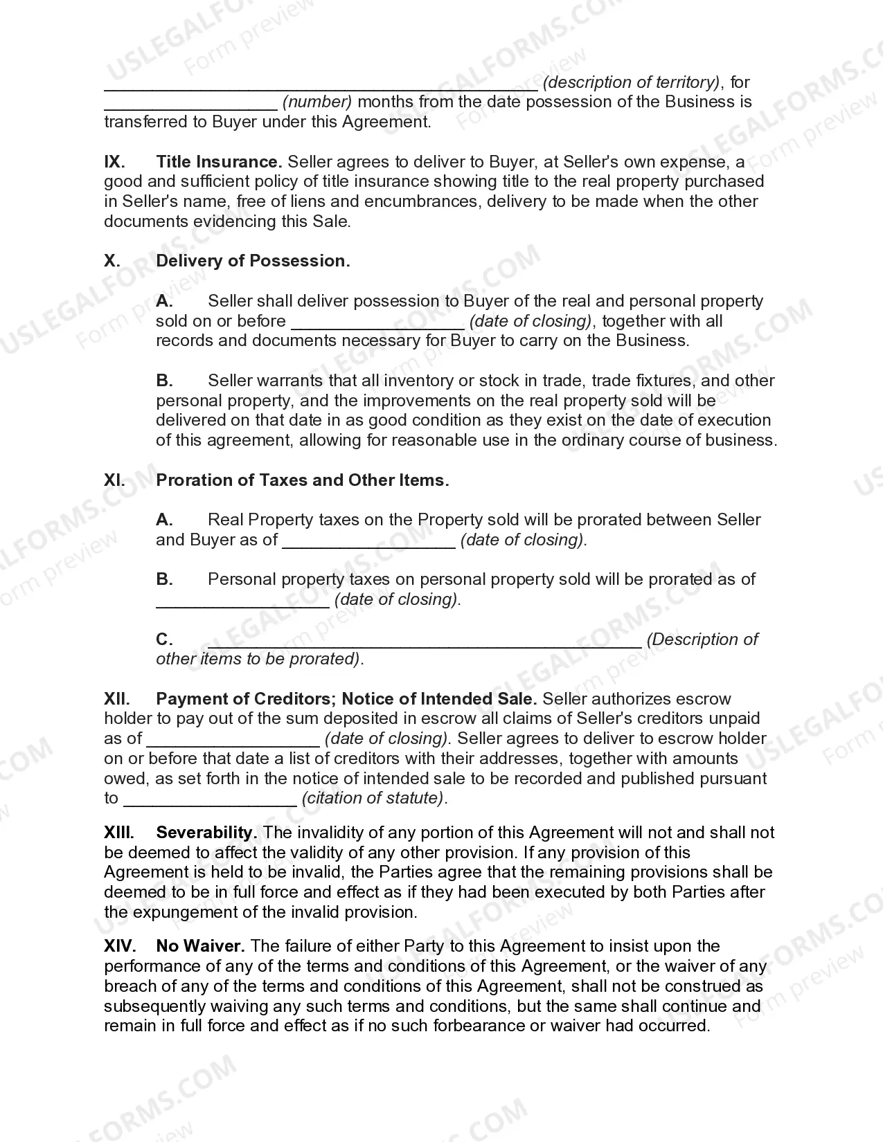 Preview Agreement for Sale of Garage Business