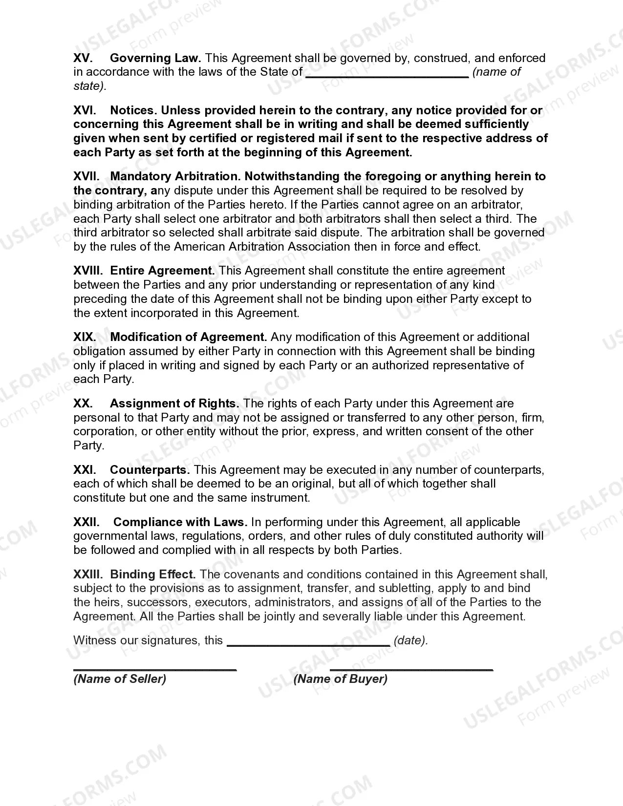 Preview Agreement for Sale of Garage Business