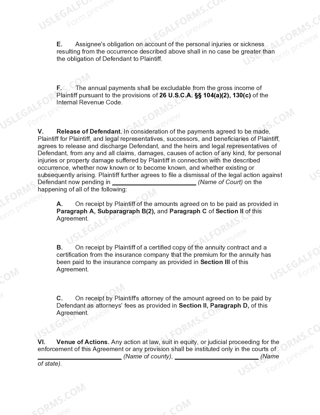 Preview Structured Settlement - Litigation Pending - Annuity Payments