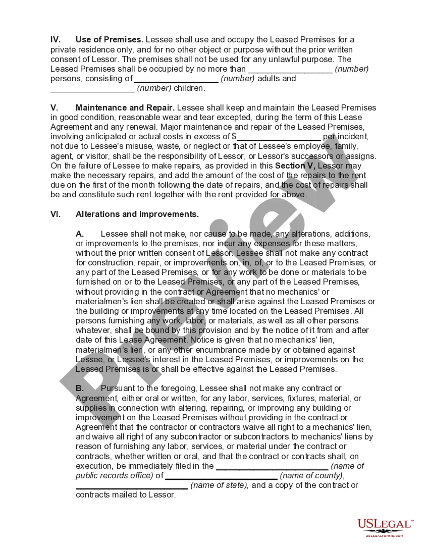 Preview Lease of Unfurnished House with Improvements Anticipated by Lessor