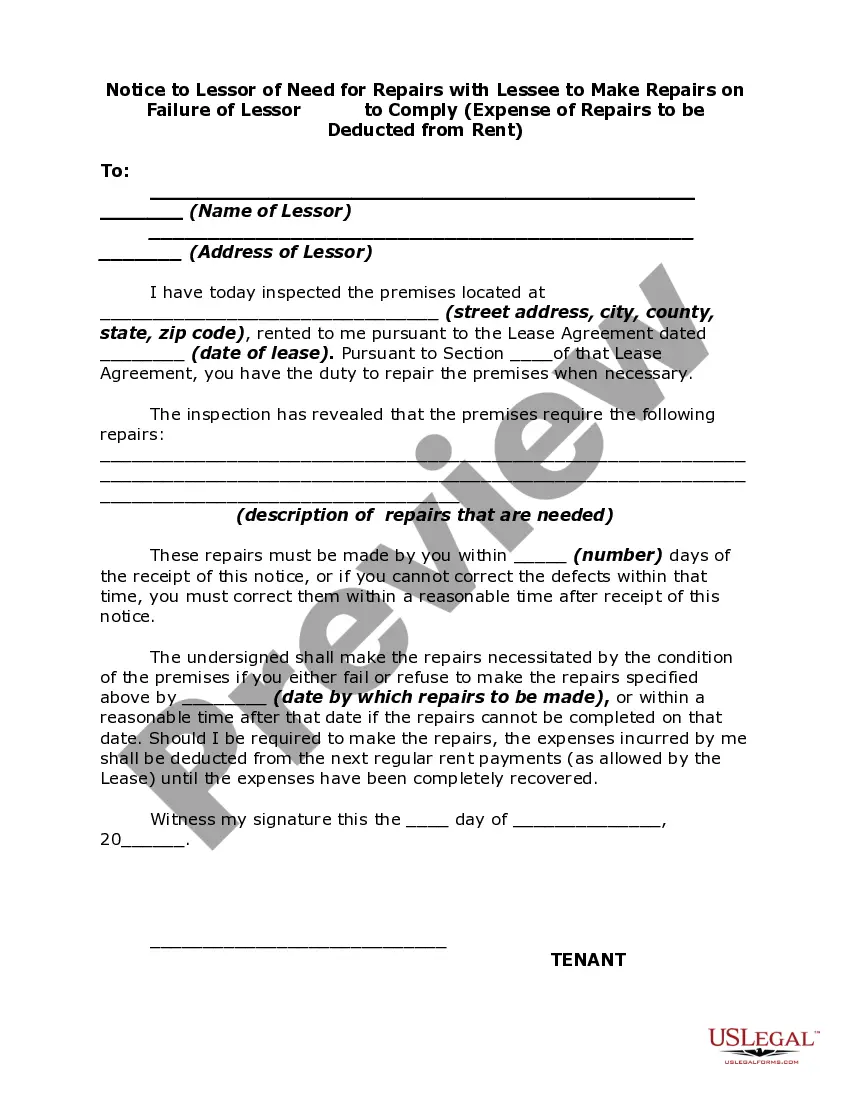 Preview Notice to Lessor of Need for Repairs with Lessee to Make Repairs on Failure of Lessor to Comply (Expense of Repairs to be Deducted from Rent)