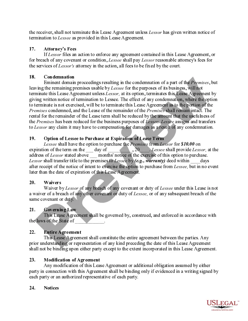 Get Agreement to Lease Commercial Property with Option to Purchase at End of Lease Term - Lease or Rent to Own Preview Agreement to Lease Commercial Property with Option to Purchase at End of Lease Term - Lease or Rent to Own