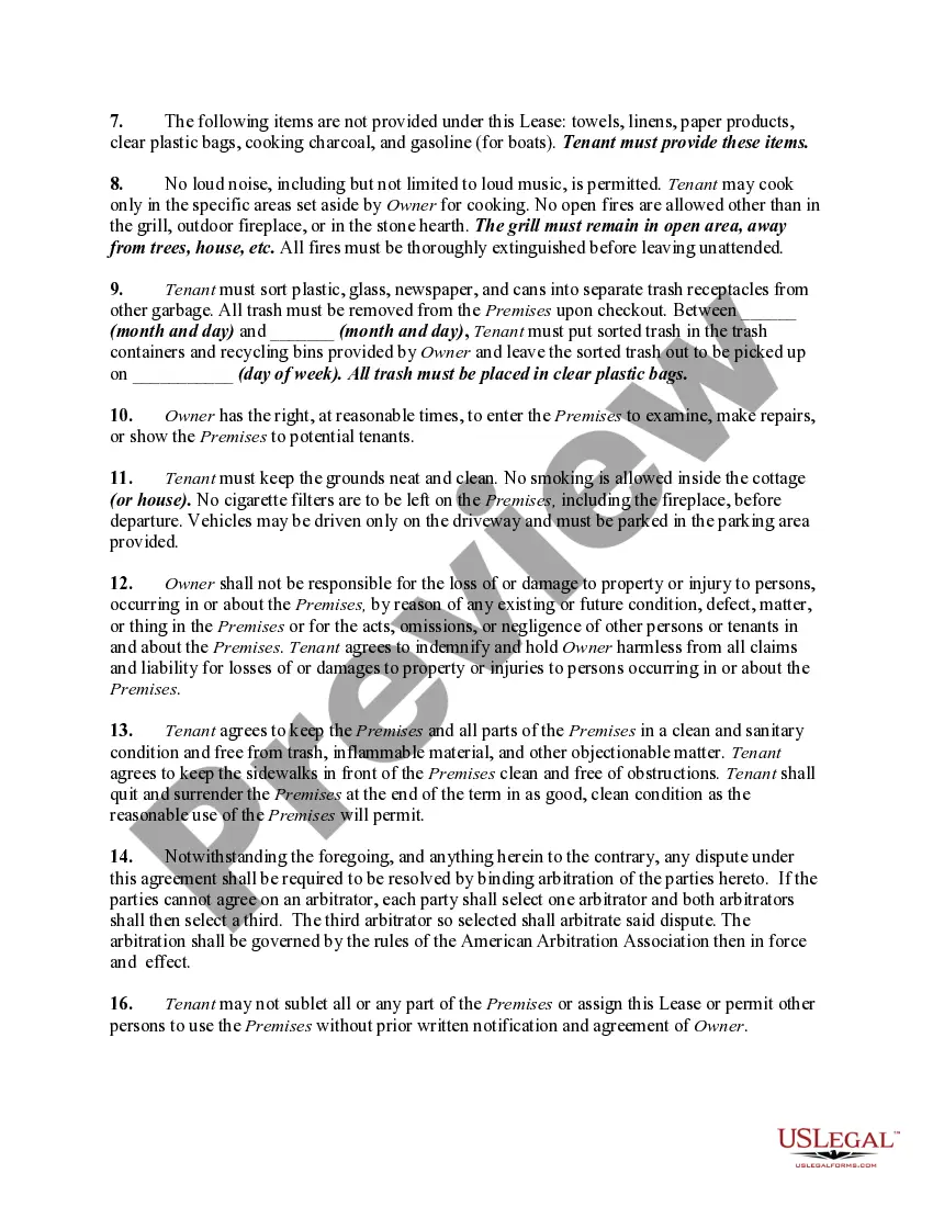 Preview Lease of House or Cottage as Vacation Property