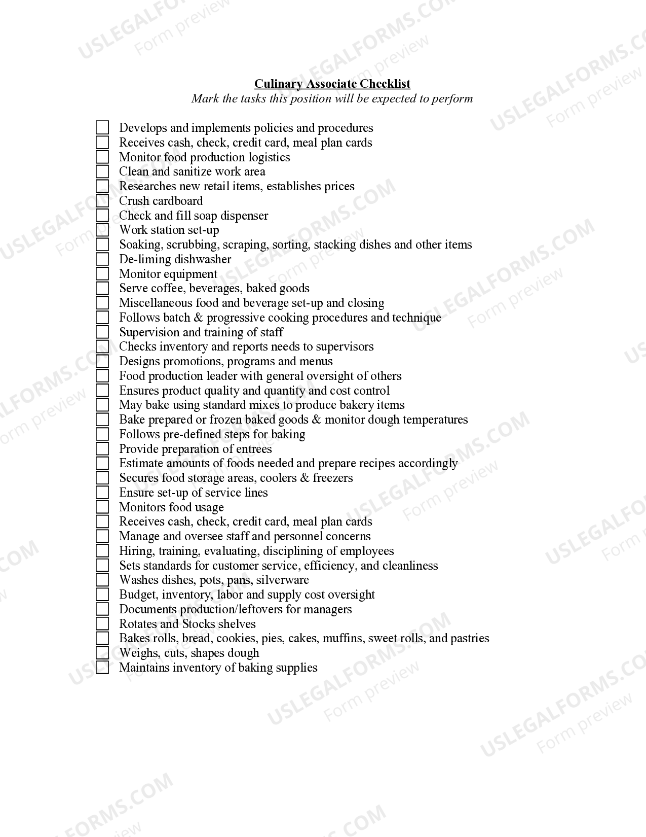 Culinary Associate Checklist US Legal Forms