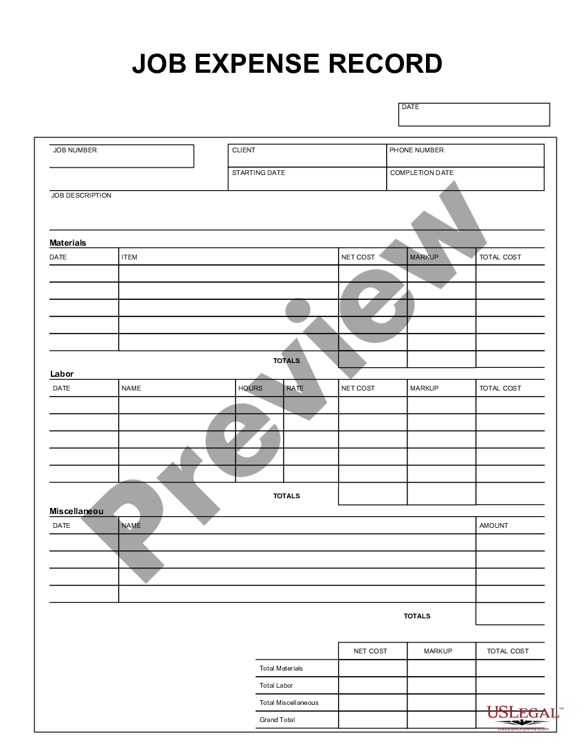 Georgia Job Expense Record - Job Expense | US Legal Forms