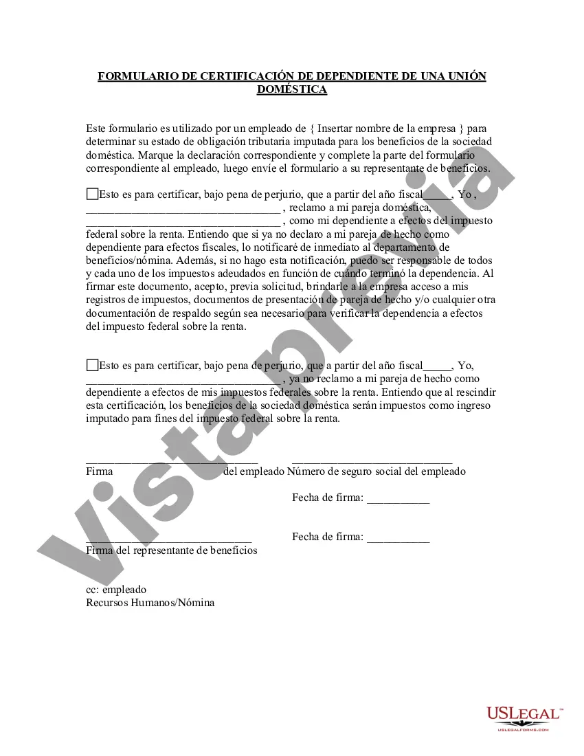 Preview Formulario de certificación de dependiente de pareja de hecho