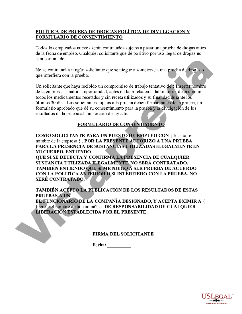 Preview Formulario de divulgación y consentimiento de la política de pruebas de drogas