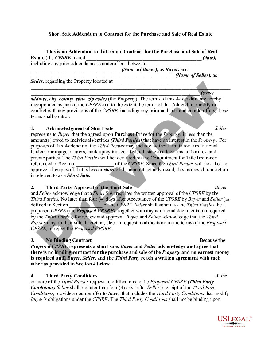 Short Sale Addendum To Contract For The Purchase And Sale Of Real ...