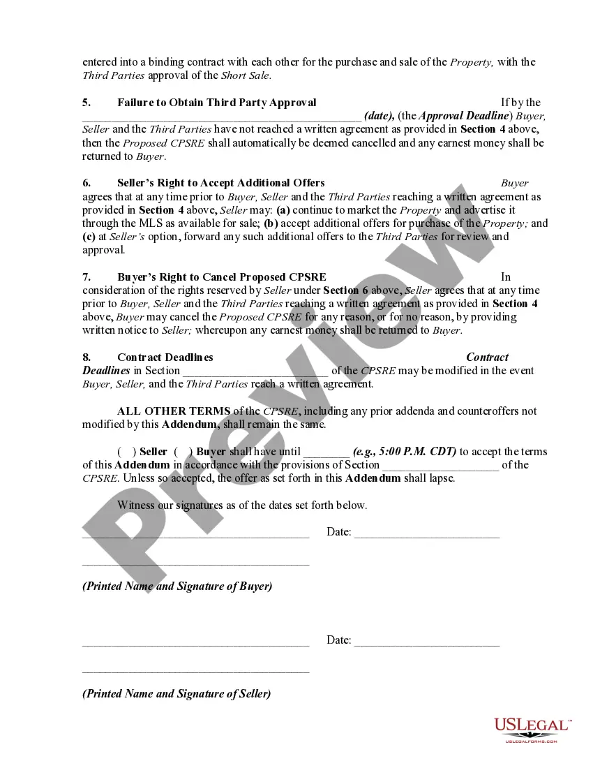 Get Short Sale Addendum to Contract for the Purchase and Sale of Real Estate Preview Short Sale Addendum to Contract for the Purchase and Sale of Real Estate