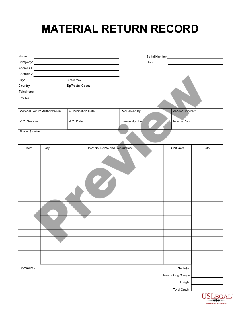 North Carolina Material Return Record | US Legal Forms