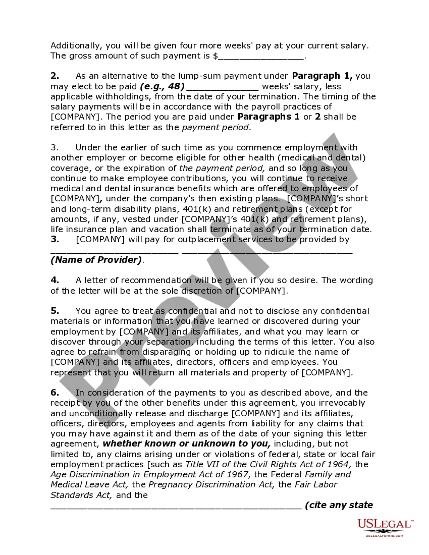 Preview Release Agreement in Letter Form of Employer By Employee for Alleged Violations of Fair Employment Practices Statutes