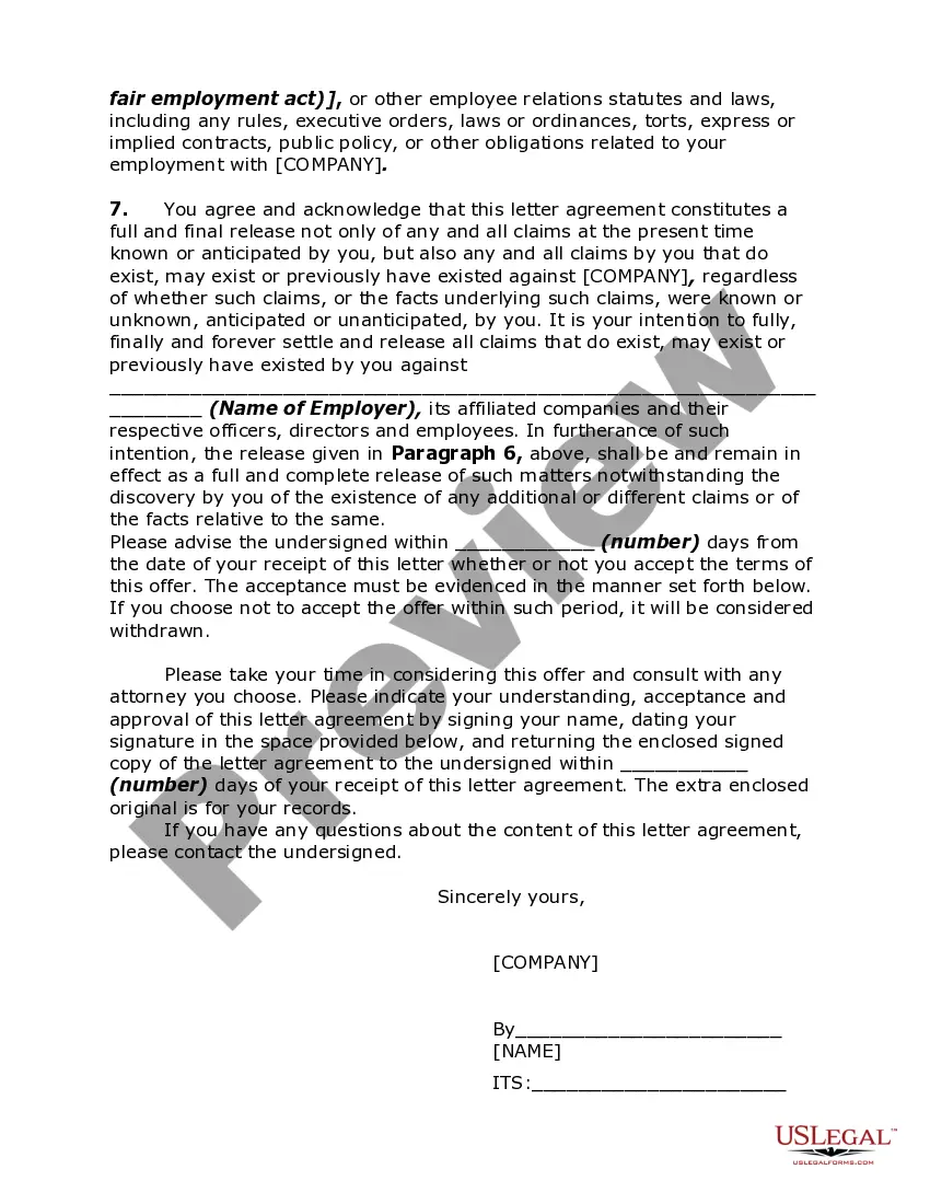 Preview Release Agreement in Letter Form of Employer By Employee for Alleged Violations of Fair Employment Practices Statutes