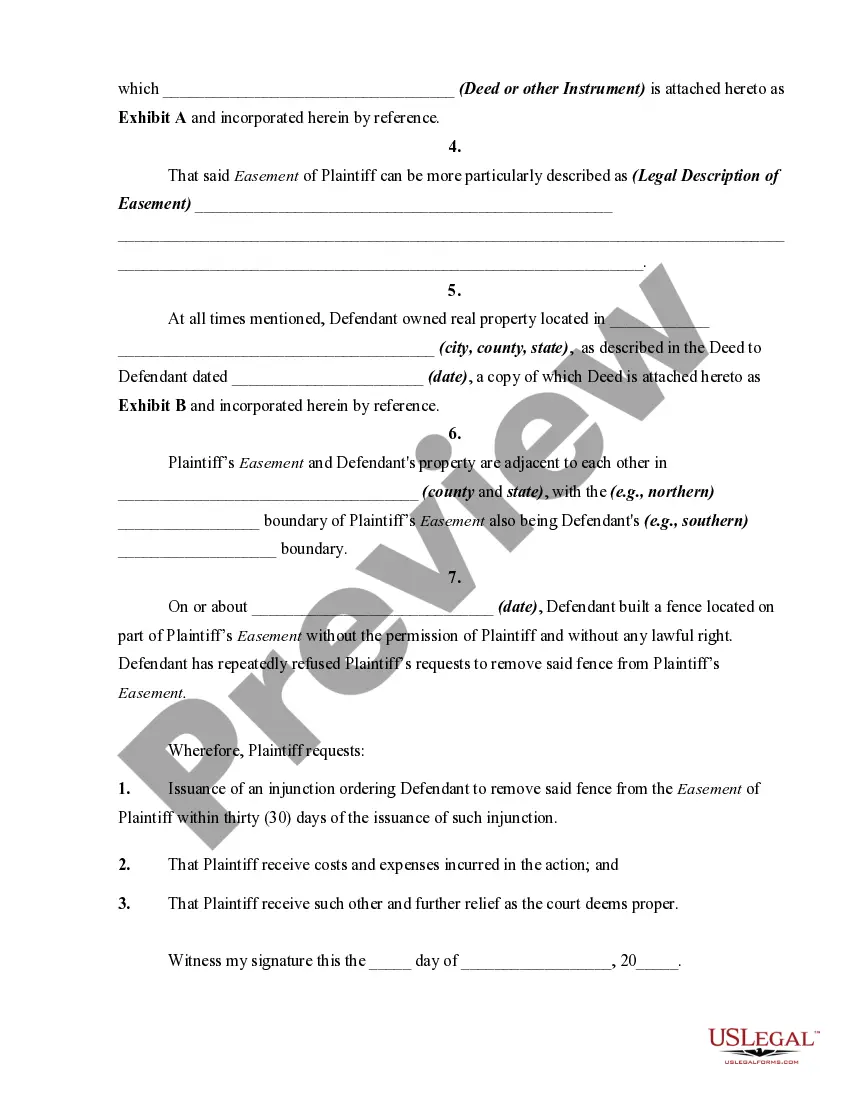 Get Complaint or Petition for Injunctive Relief Against Adjoining Landowner - Easement Preview Complaint or Petition for Injunctive Relief Against Adjoining Landowner - Easement
