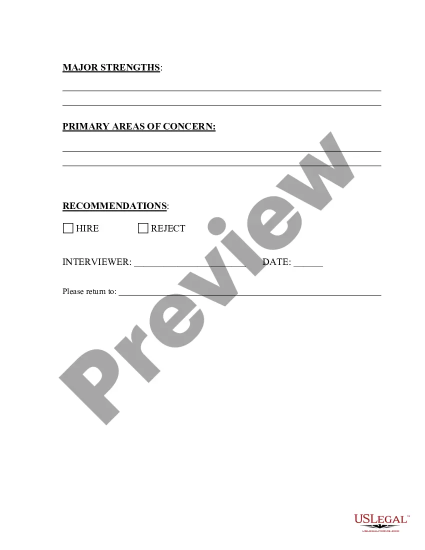 Preview Interview Evaluation Form - Checklist with Hiring Recommendation