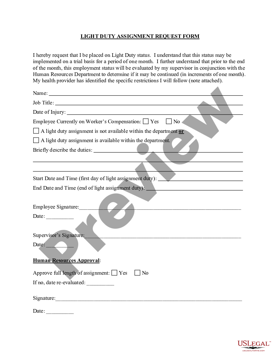 Light Duty Assignment Request Light Duty US Legal Forms