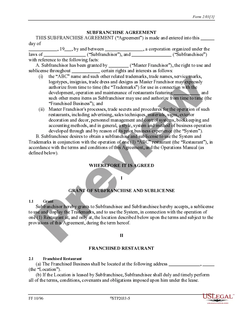 Get Subfranchise Agreement Preview Subfranchise Agreement