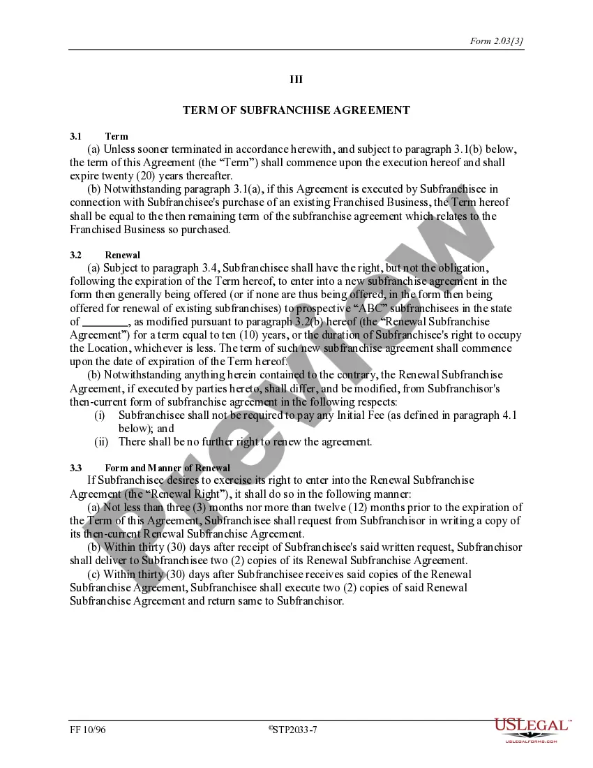 Get Subfranchise Agreement Preview Subfranchise Agreement